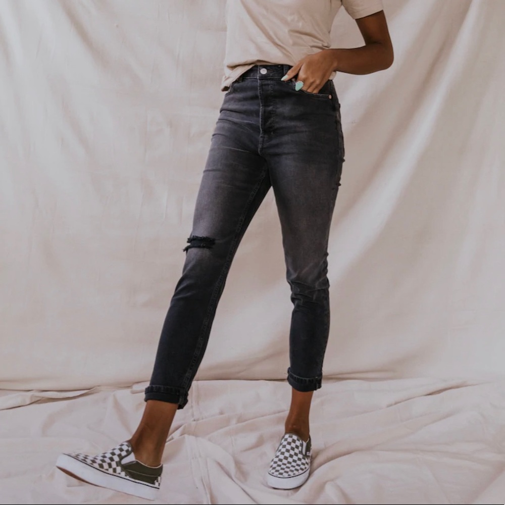 NWT Free People Black Button Up Distressed High Waisted Ripped Jeans